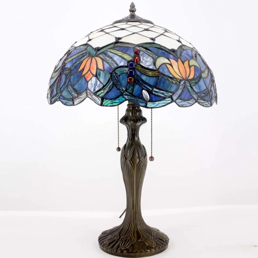 Tiffany Table Lamp Stained Glass Bedside Lamp Living Room Bedroom Tall Blue Lotus Luxurious Farmhouse Large Desk Light Industrial Retro Metal Base Memory Lam