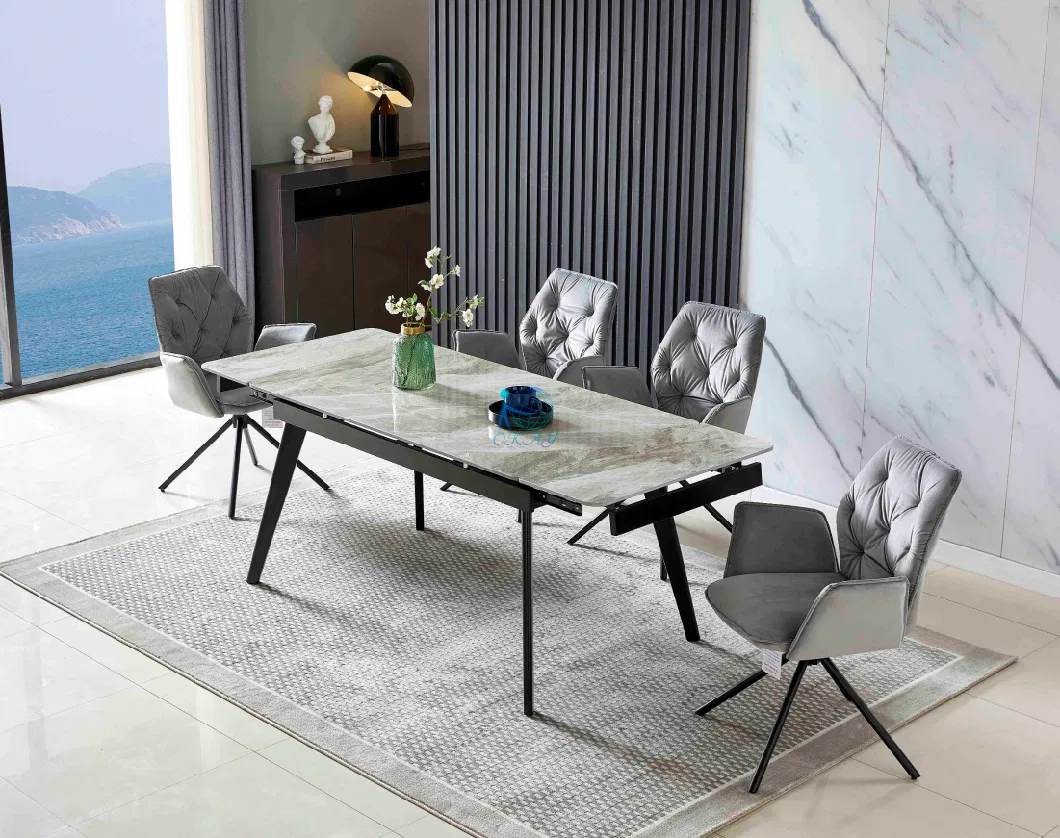 Modern Functional Extandable Dining Table Square Sintered Stone Black Semi-Gloss Painting Leg