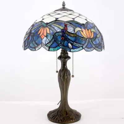 Abajur Tiffany Abajur de cabeceira com vitral Sala de estar Quarto Alto Lótus Azul Luxuoso Fazenda Grande Luz de mesa Industrial Retro Base de metal Lam de memória